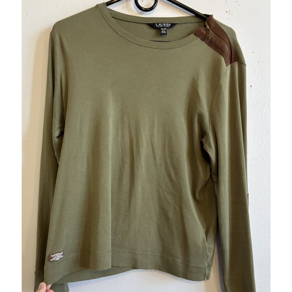Ralph Lauren Olive Green Long Sleeve Top Suede Elbow Patch Equestrian Preppy XL - Picture 6 of 16